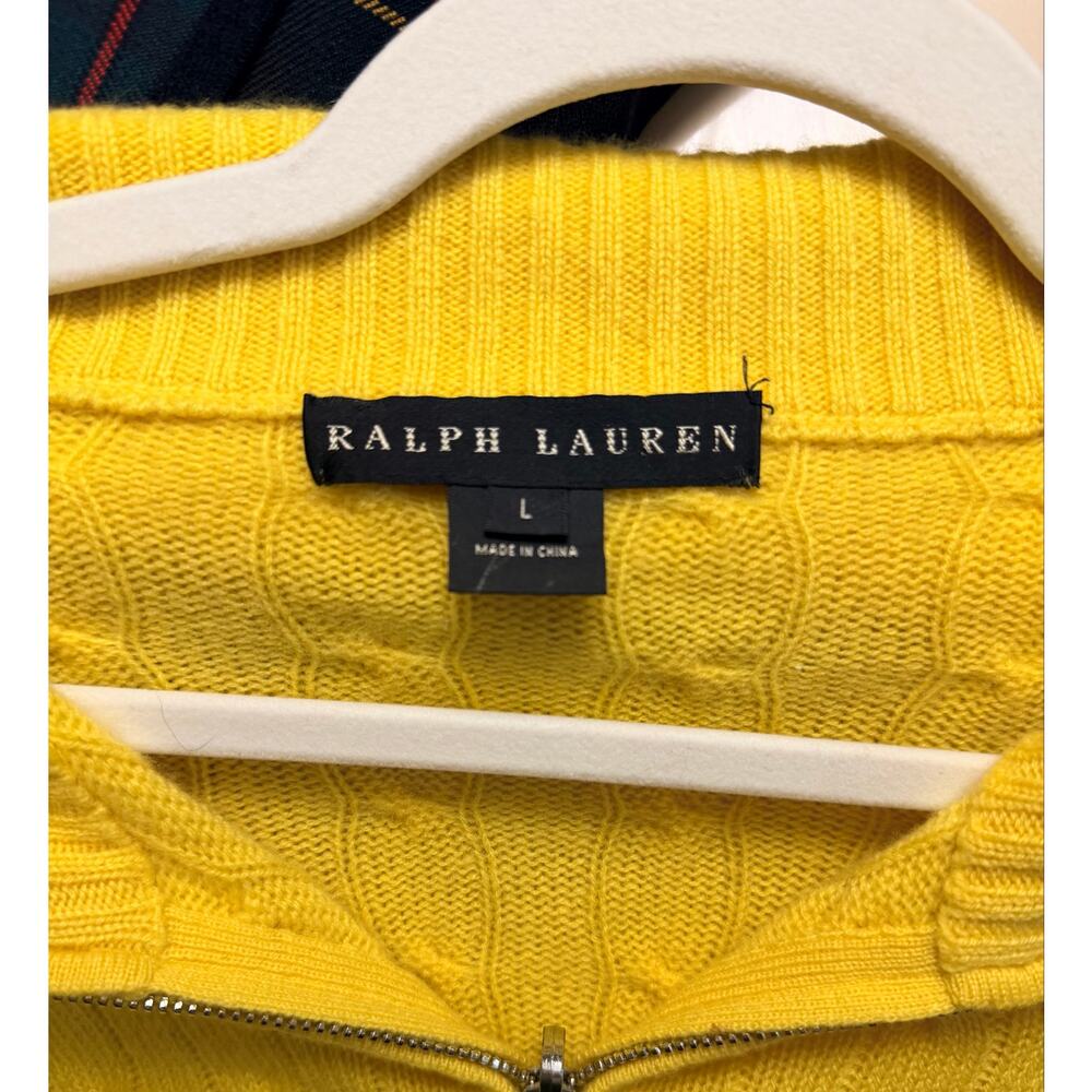 Ralph Lauren 100% Cashmere Yellow Cable Knit Zip Sweater Large - Picture 3 of 5